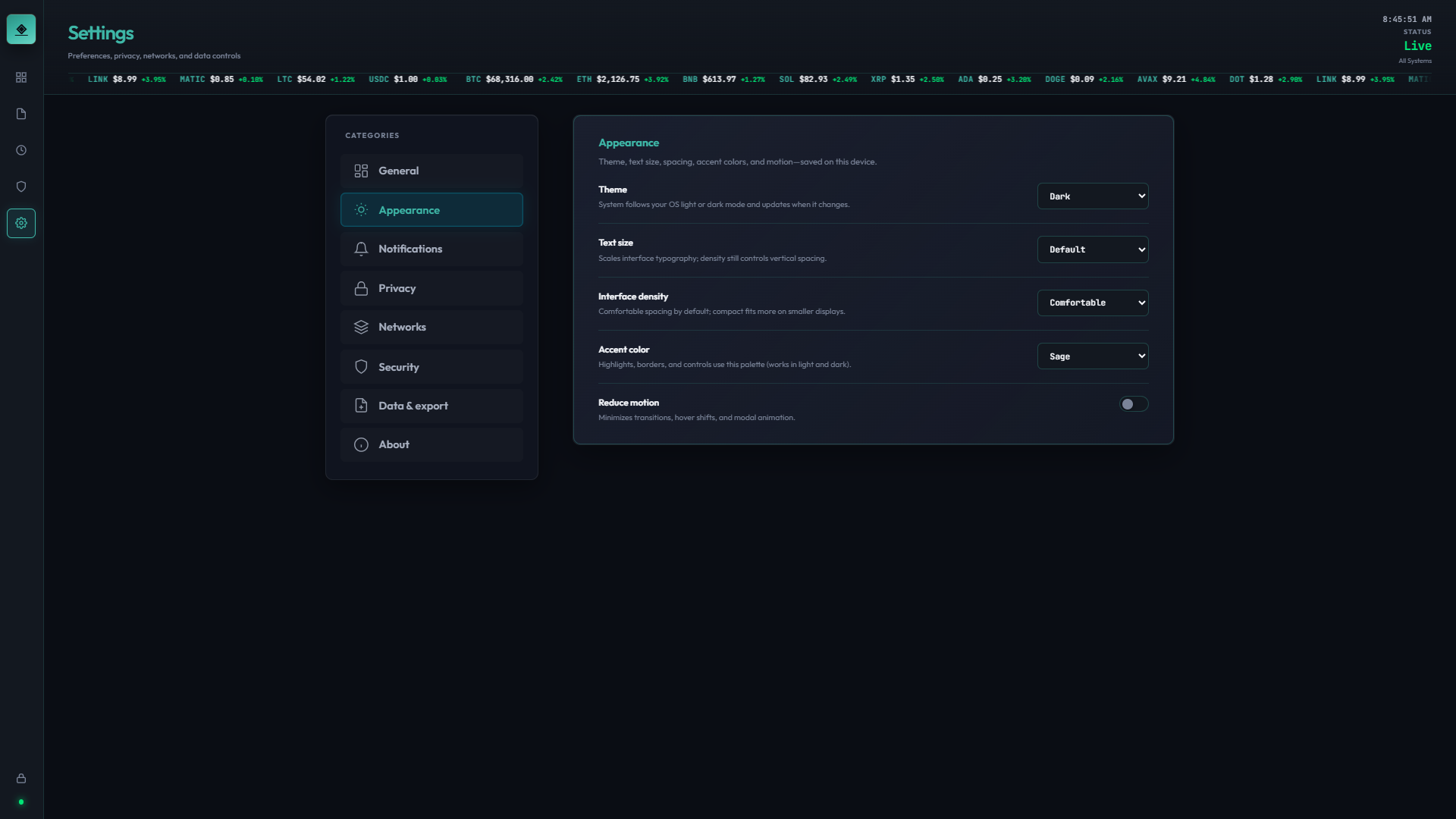 Settings — Appearance
